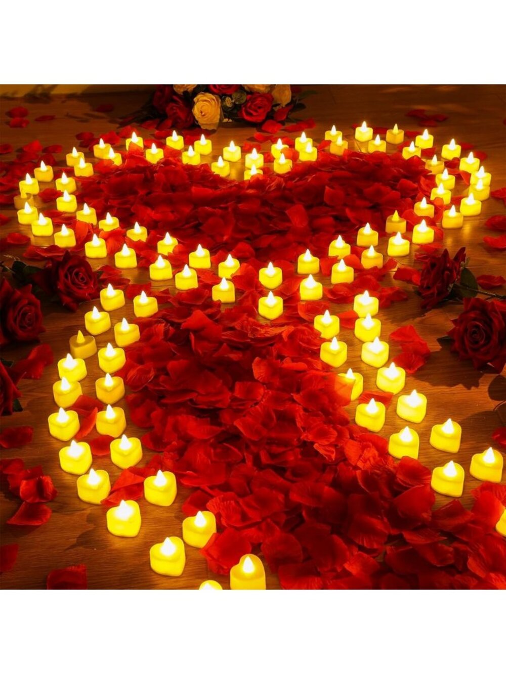 120 Pcs Heart LED Candles & 6000 Rose Petals Set for Romantic Decor, Warm White